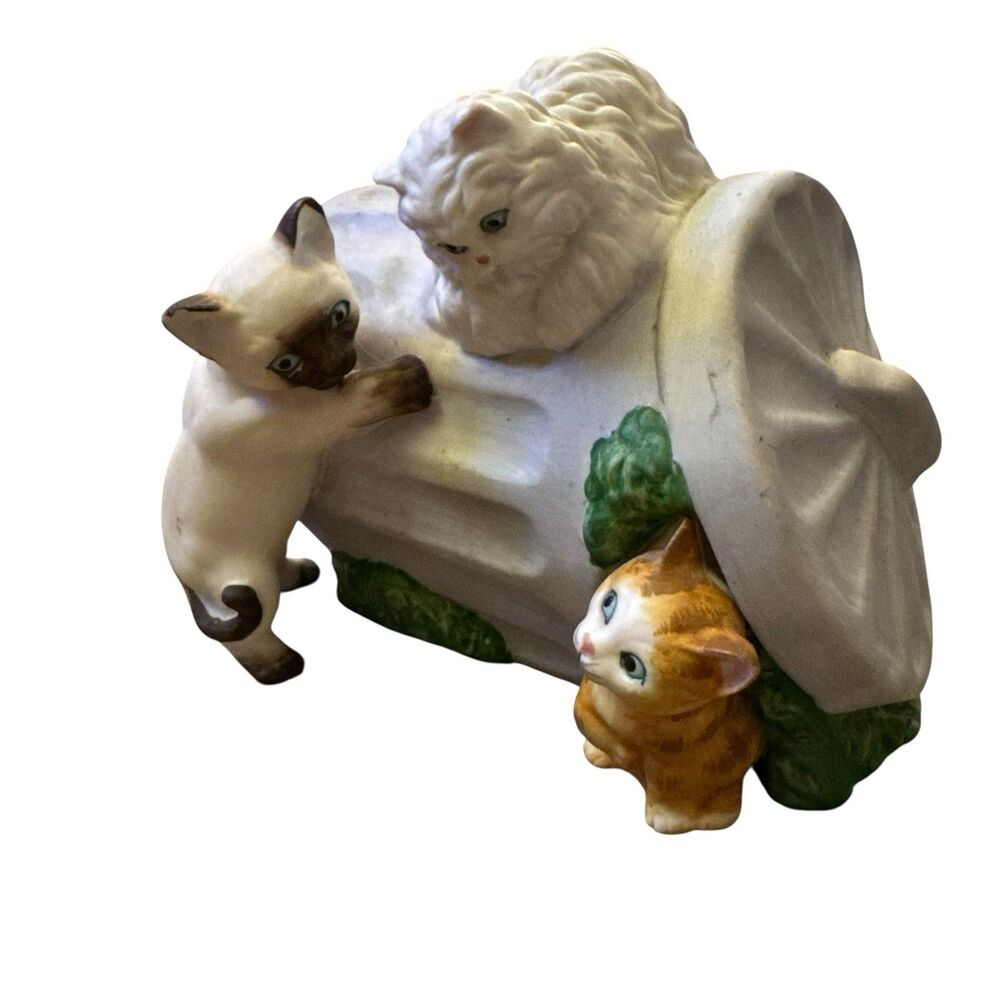 1982 Mann Porcelain Musical Three Kittens‎ In Trash Can Music Box “Memories”